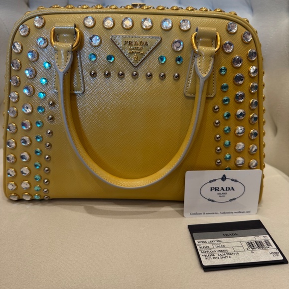 Prada Large Pyramid Top Handle Studded Vernice Saffiano Leather Handbag - Picture 5 of 15